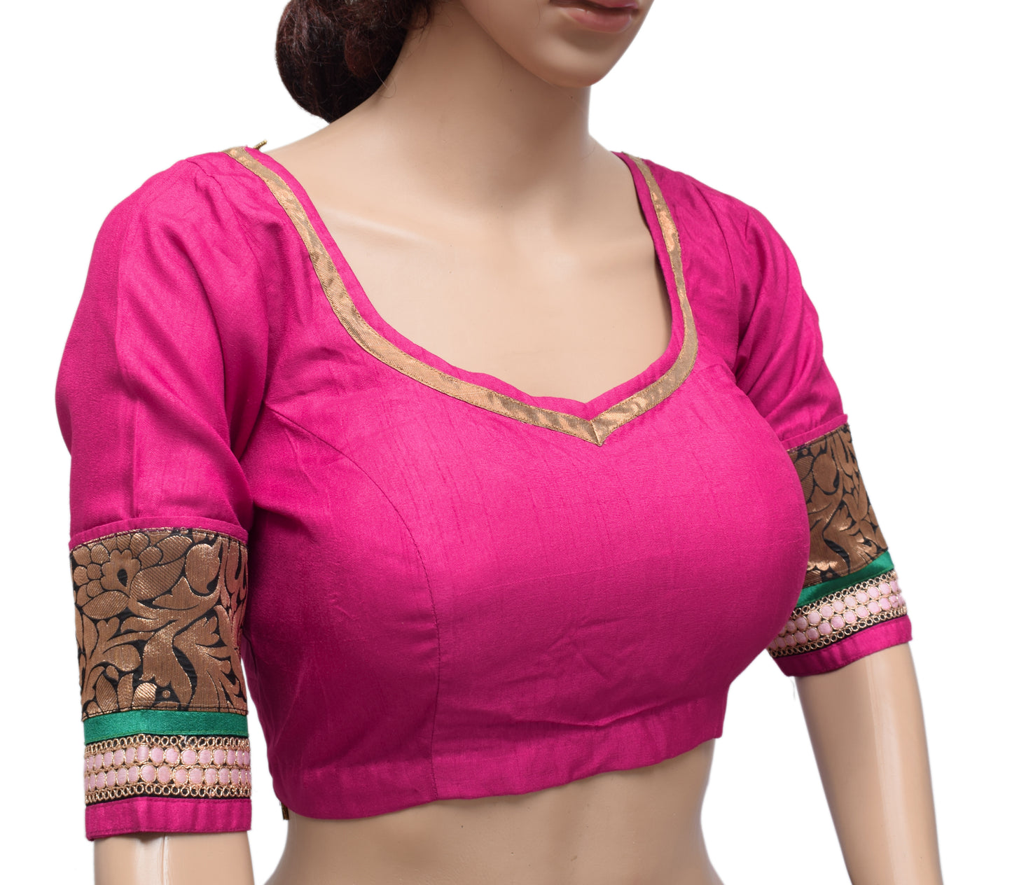 Sushila Vintage Readymade 32" Magenta Designer Sari Blouse Silk Patch Work