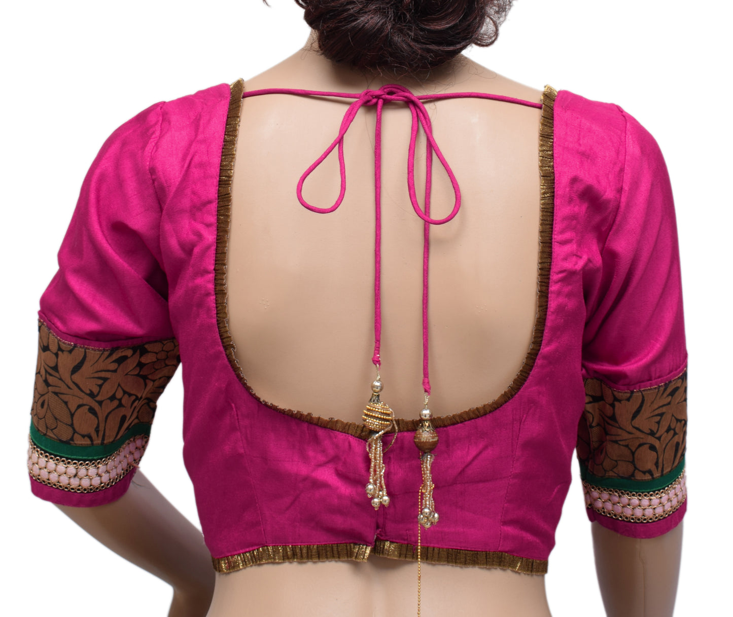 Sushila Vintage Readymade 32" Magenta Designer Sari Blouse Silk Patch Work