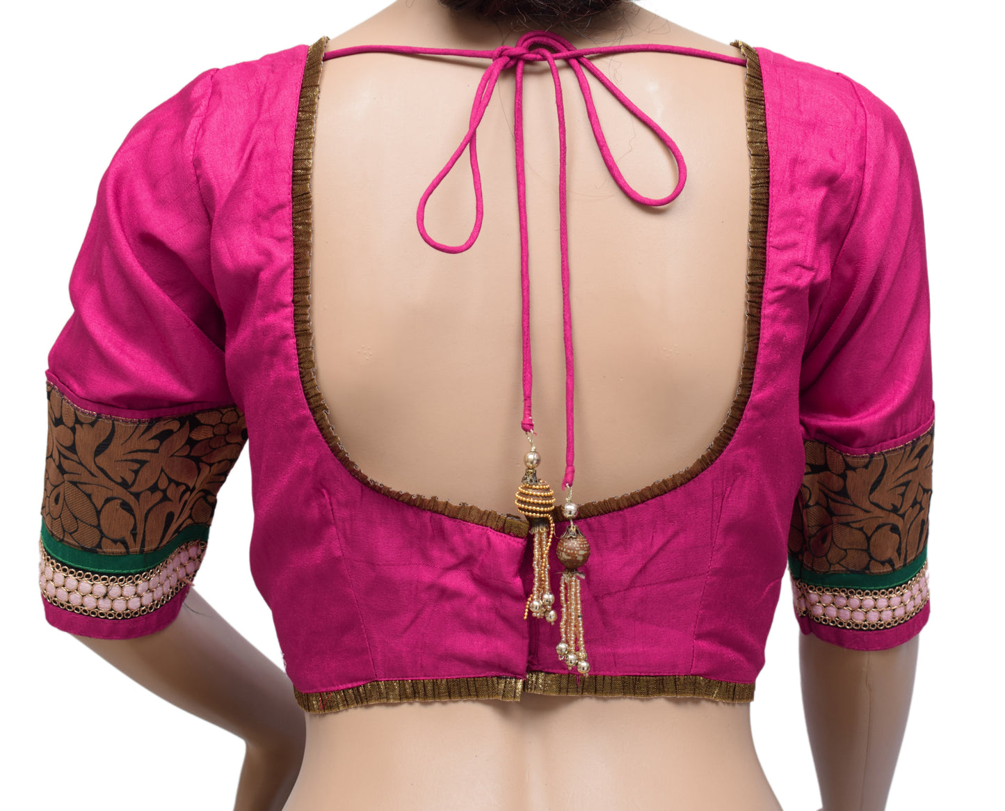 Sushila Vintage Readymade 32" Magenta Designer Sari Blouse Silk Patch Work