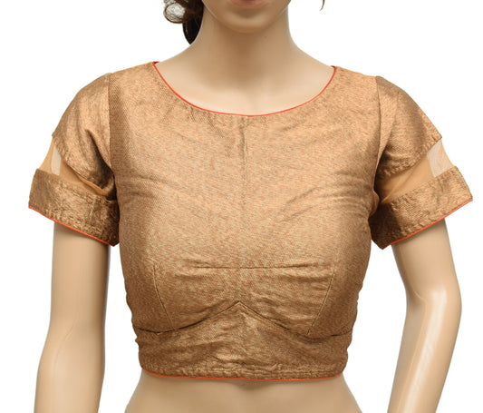 Sushila Vintage Readymade 34" Sari Blouse Art Silk Woven Designer Top Brown