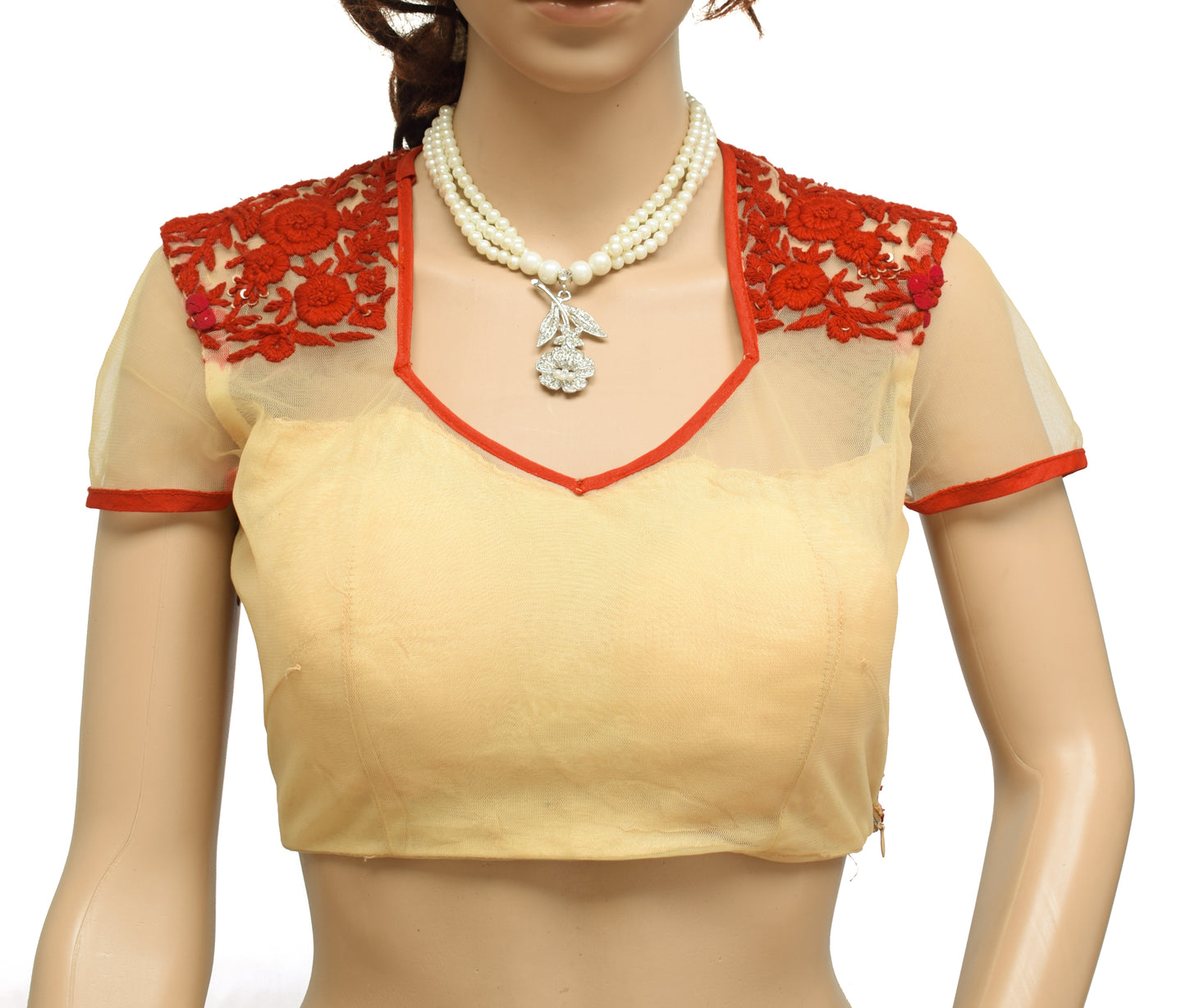 Sushila Vintage Cream Readymade 34" Sari Blouse Net Embroidery Designer Top