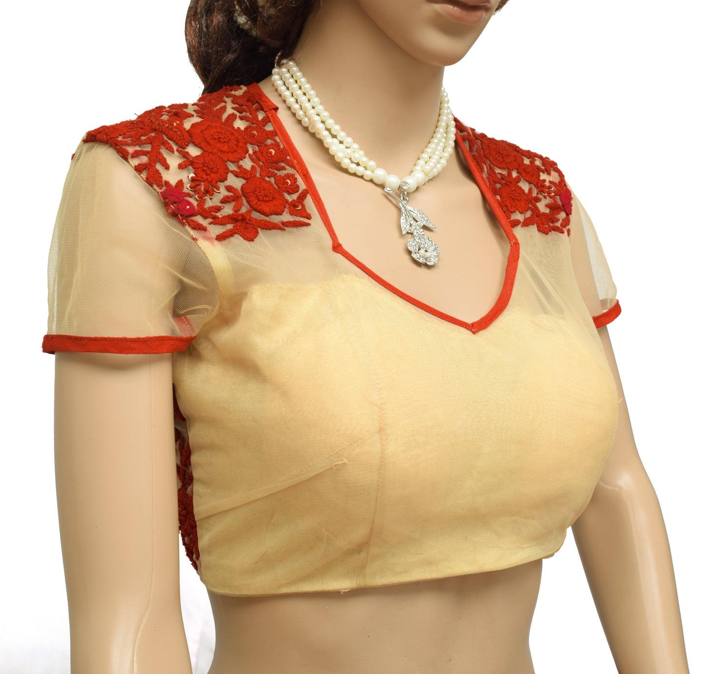 Sushila Vintage Cream Readymade 34" Sari Blouse Net Embroidery Designer Top