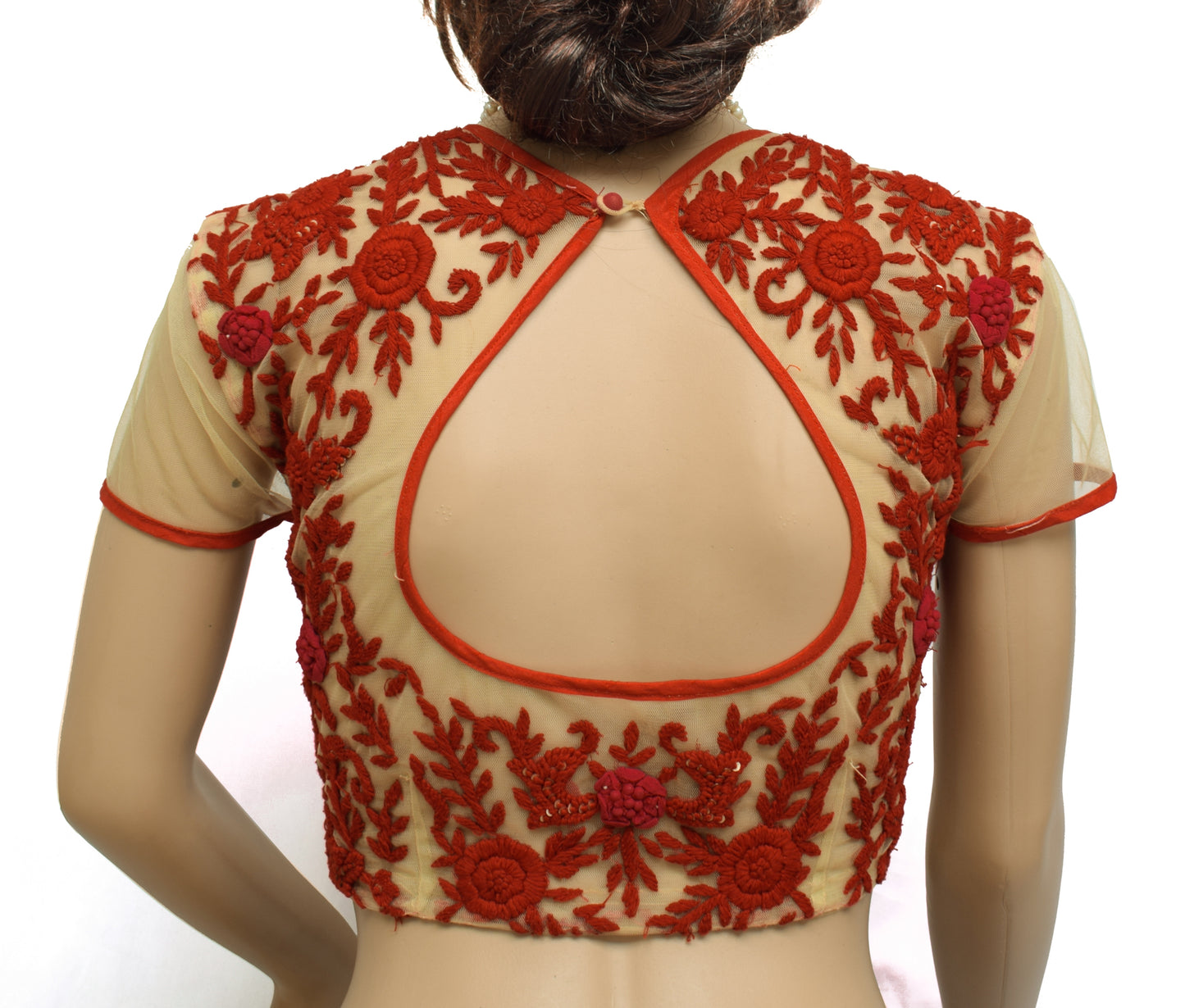 Sushila Vintage Cream Readymade 34" Sari Blouse Net Embroidery Designer Top
