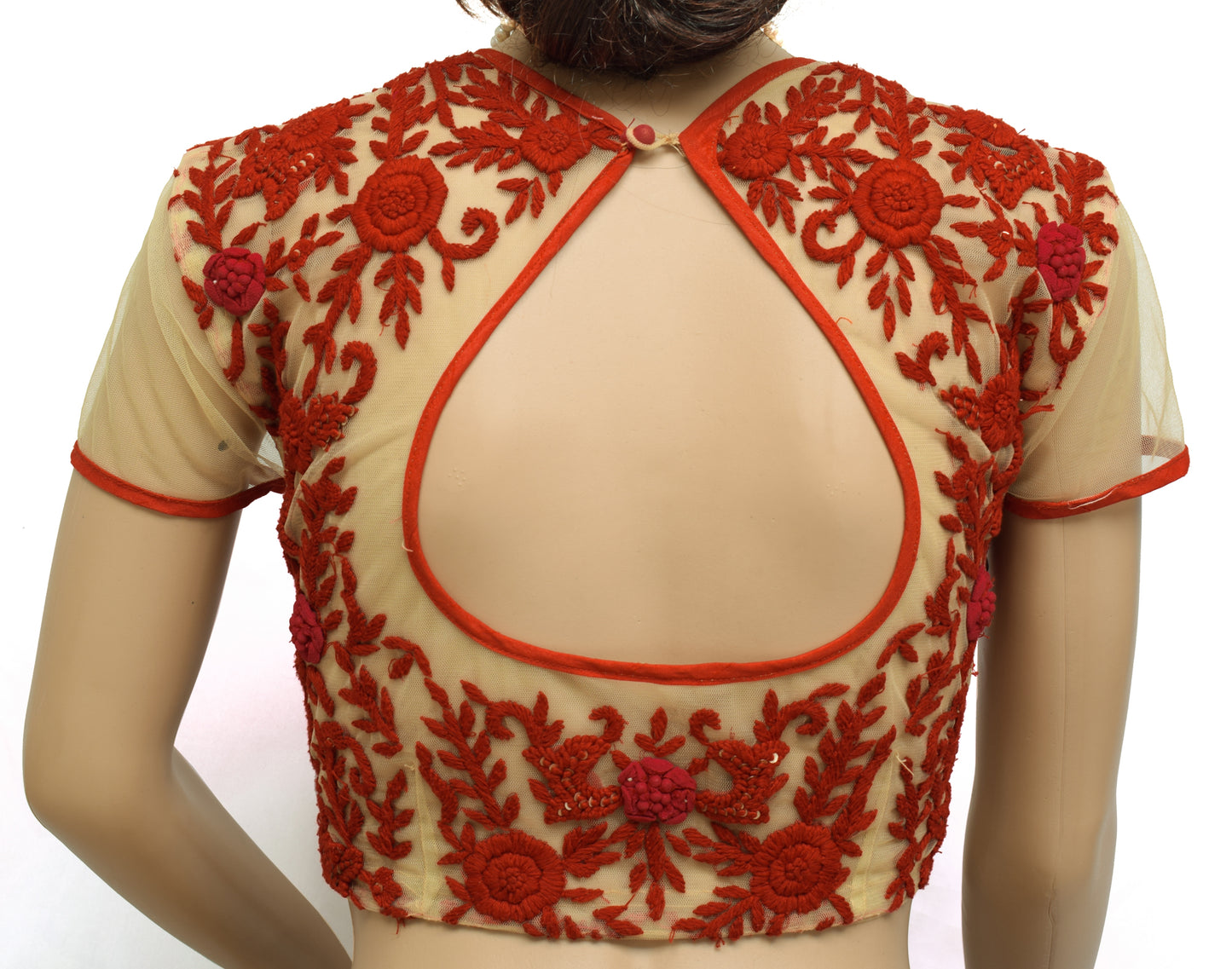 Sushila Vintage Cream Readymade 34" Sari Blouse Net Embroidery Designer Top