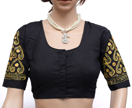 Sushila Vintage Black Readymade 34" Sari Blouse Cotton Embroidered Choli