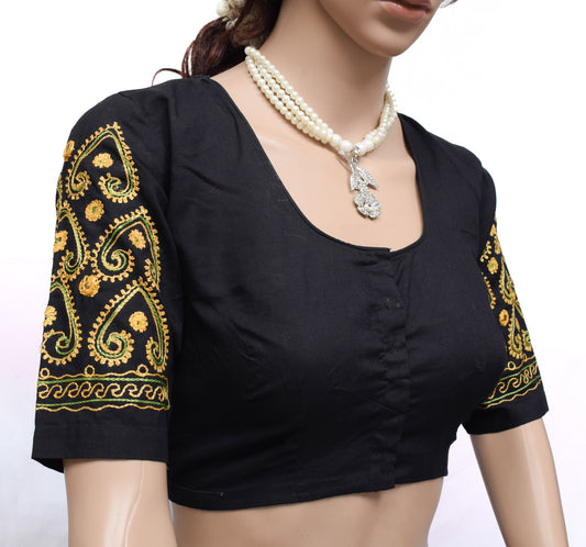 Sushila Vintage Black Readymade 34" Sari Blouse Cotton Embroidered Choli