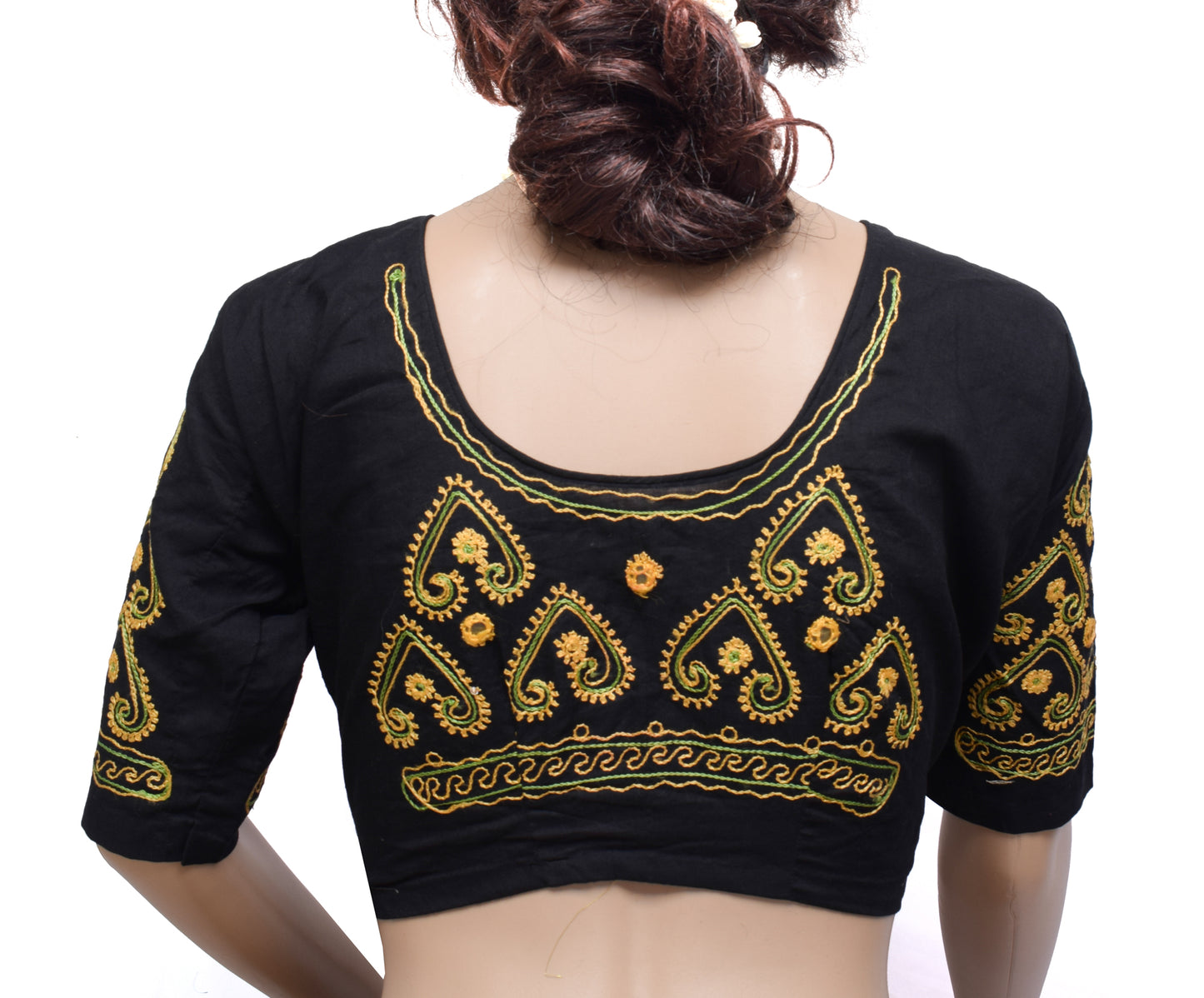 Sushila Vintage Black Readymade 34" Sari Blouse Cotton Embroidered Choli