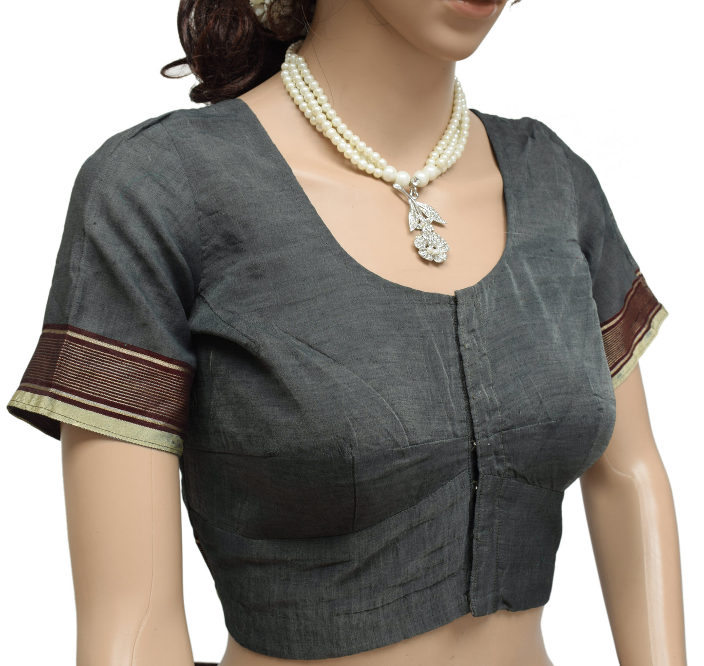 Sushila Vintage Gray Readymade 36" Sari Blouse Silk Woven Designer Choli