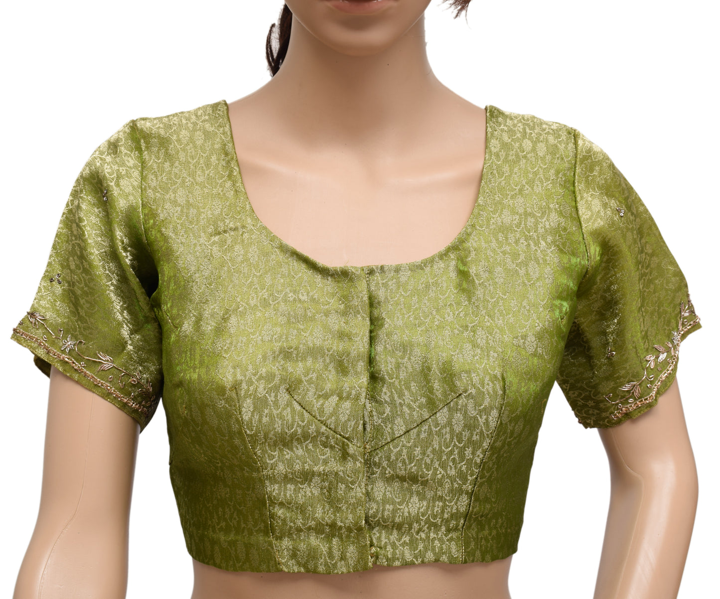 Sushila Vintage Readymade 36" Green Sari Blouse Tissue Woven Designer Choli