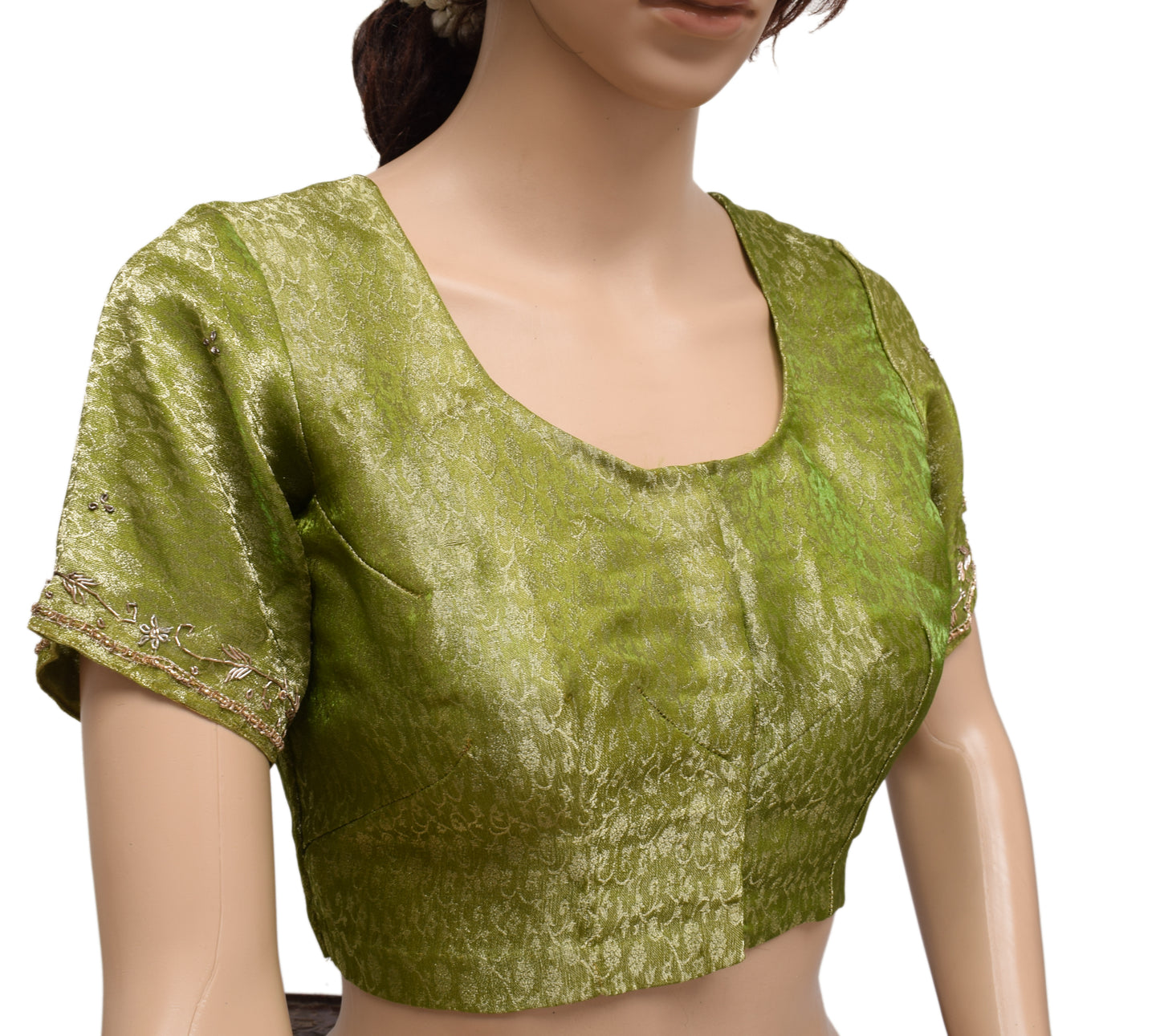 Sushila Vintage Readymade 36" Green Sari Blouse Tissue Woven Designer Choli
