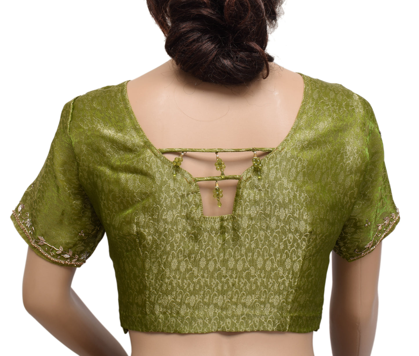 Sushila Vintage Readymade 36" Green Sari Blouse Tissue Woven Designer Choli