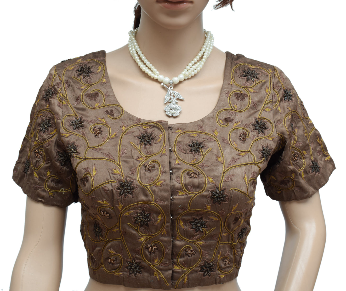 Sushila Vintage Brown Readymade 35" Sari Blouse Satin Silk Embroidery Choli