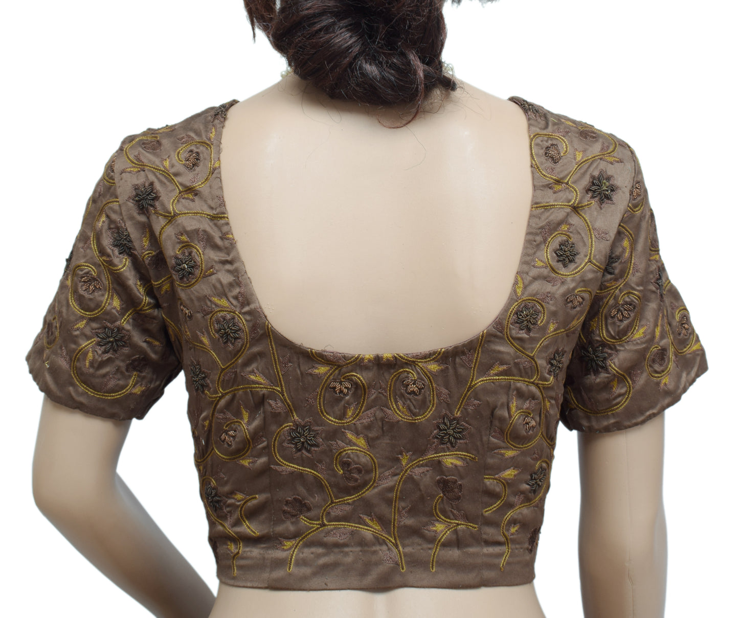 Sushila Vintage Brown Readymade 35" Sari Blouse Satin Silk Embroidery Choli