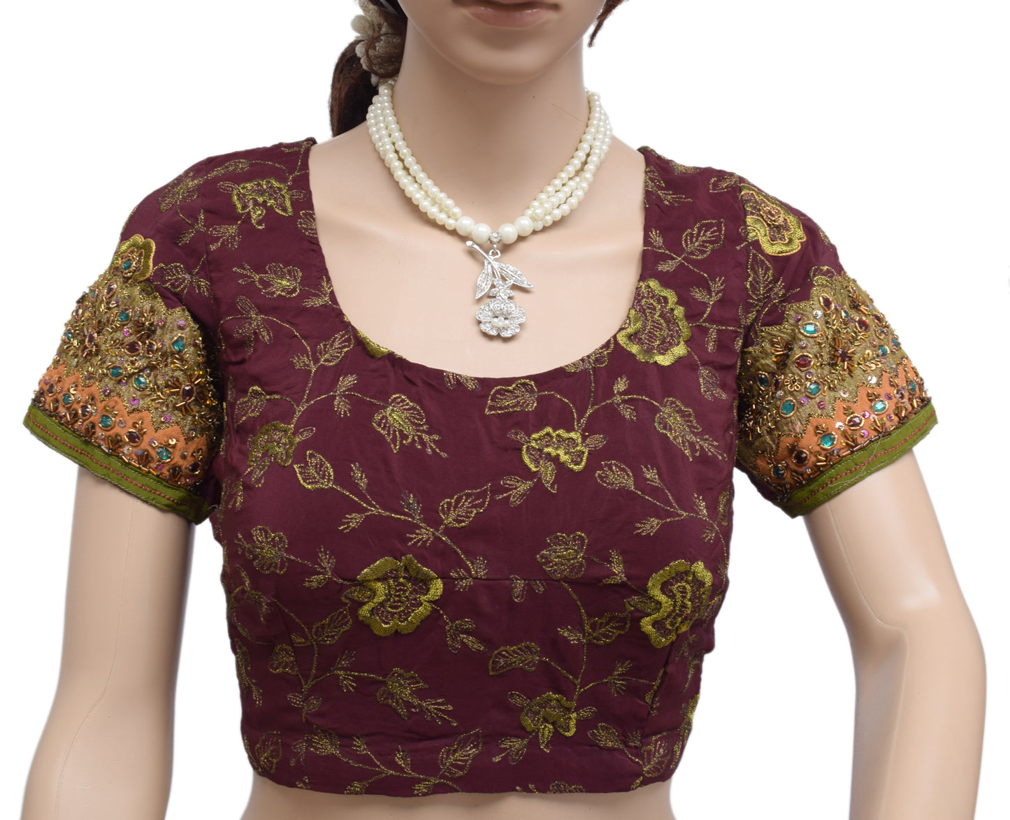 Sushila Vintage Maroon Readymade 36"Sari Blouse Crepe Embroidered Choli