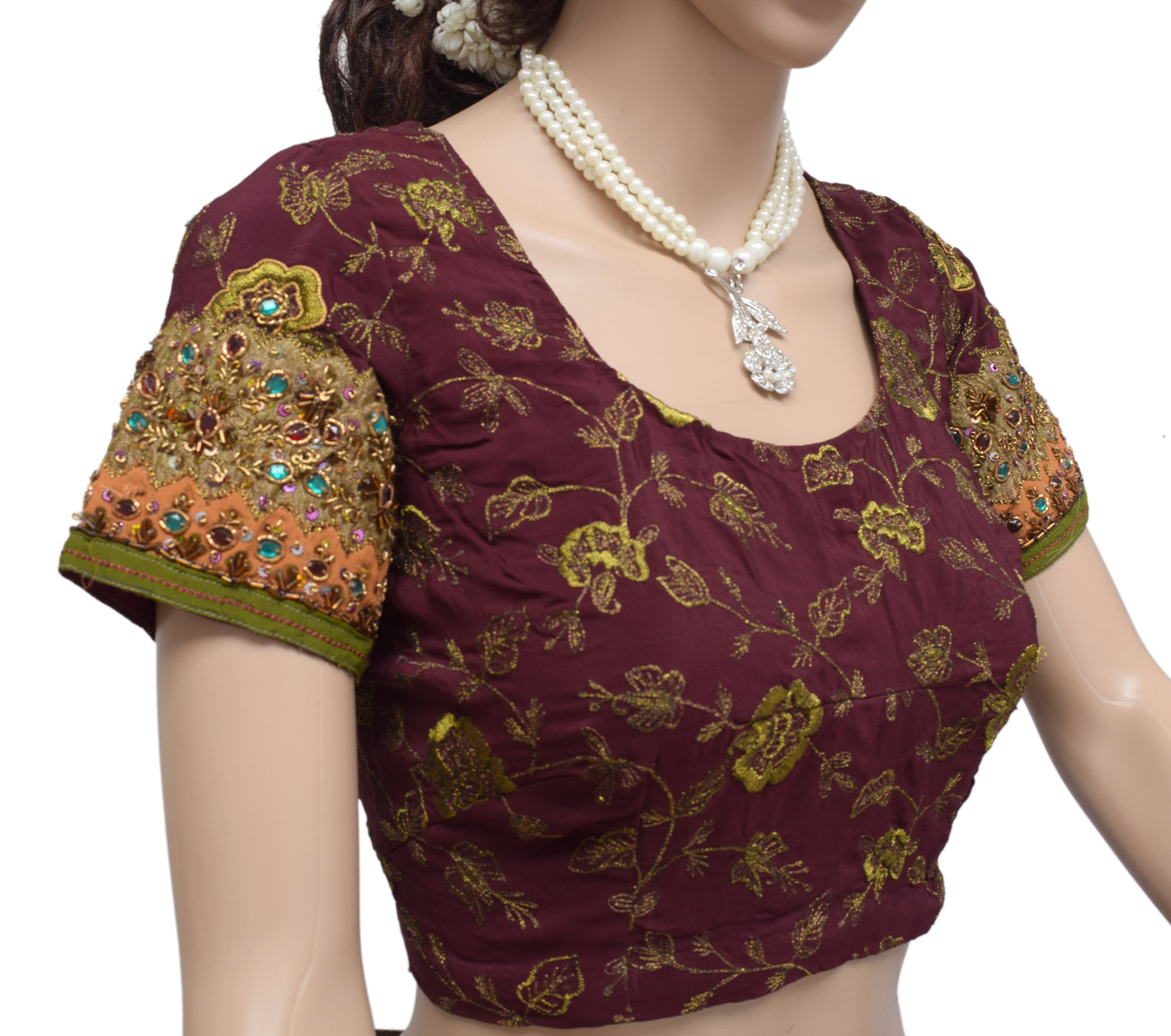 Sushila Vintage Maroon Readymade 36"Sari Blouse Crepe Embroidered Choli