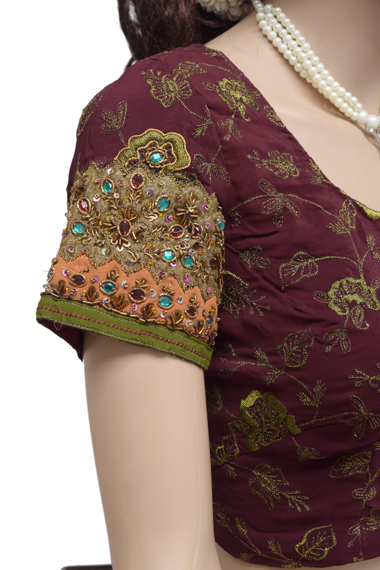 Sushila Vintage Maroon Readymade 36"Sari Blouse Crepe Embroidered Choli