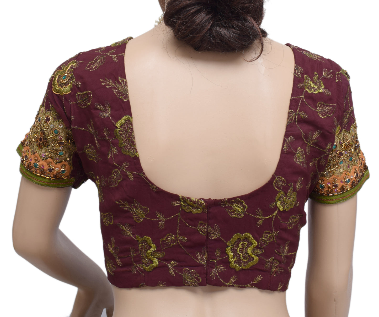 Sushila Vintage Maroon Readymade 36"Sari Blouse Crepe Embroidered Choli