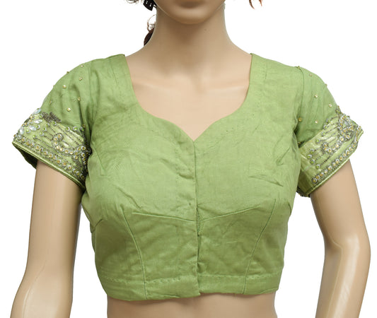 Sushila Vintage Green Readymade 36" Sari Blouse Net Mesh Hand Beaded Choli