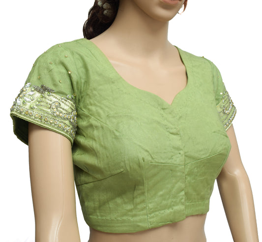 Sushila Vintage Green Readymade 36" Sari Blouse Net Mesh Hand Beaded Choli