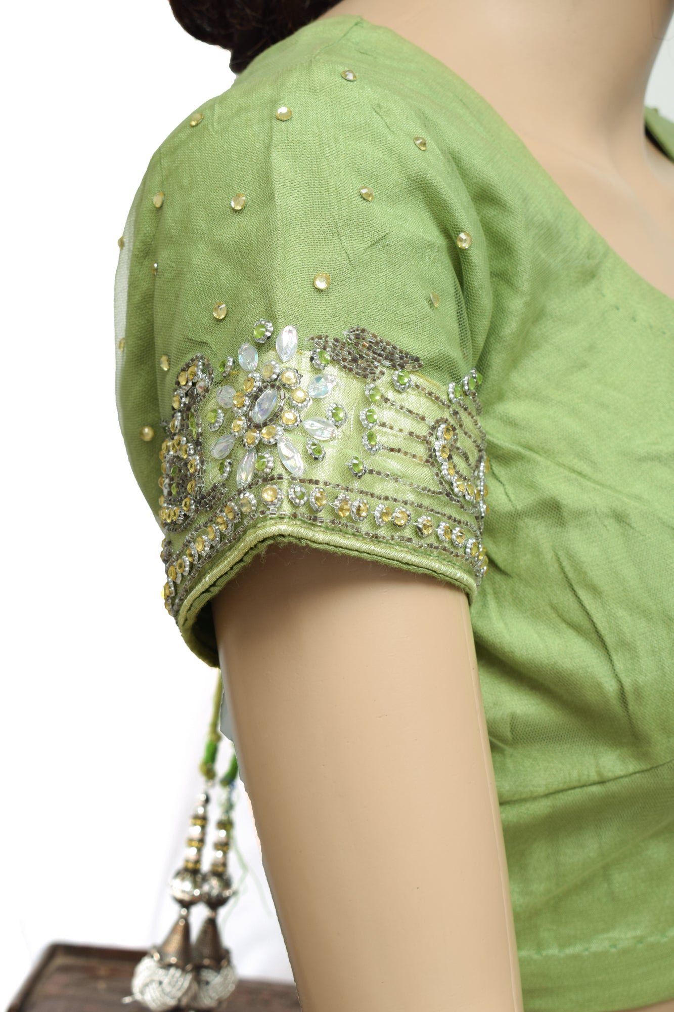 Sushila Vintage Green Readymade 36" Sari Blouse Net Mesh Hand Beaded Choli