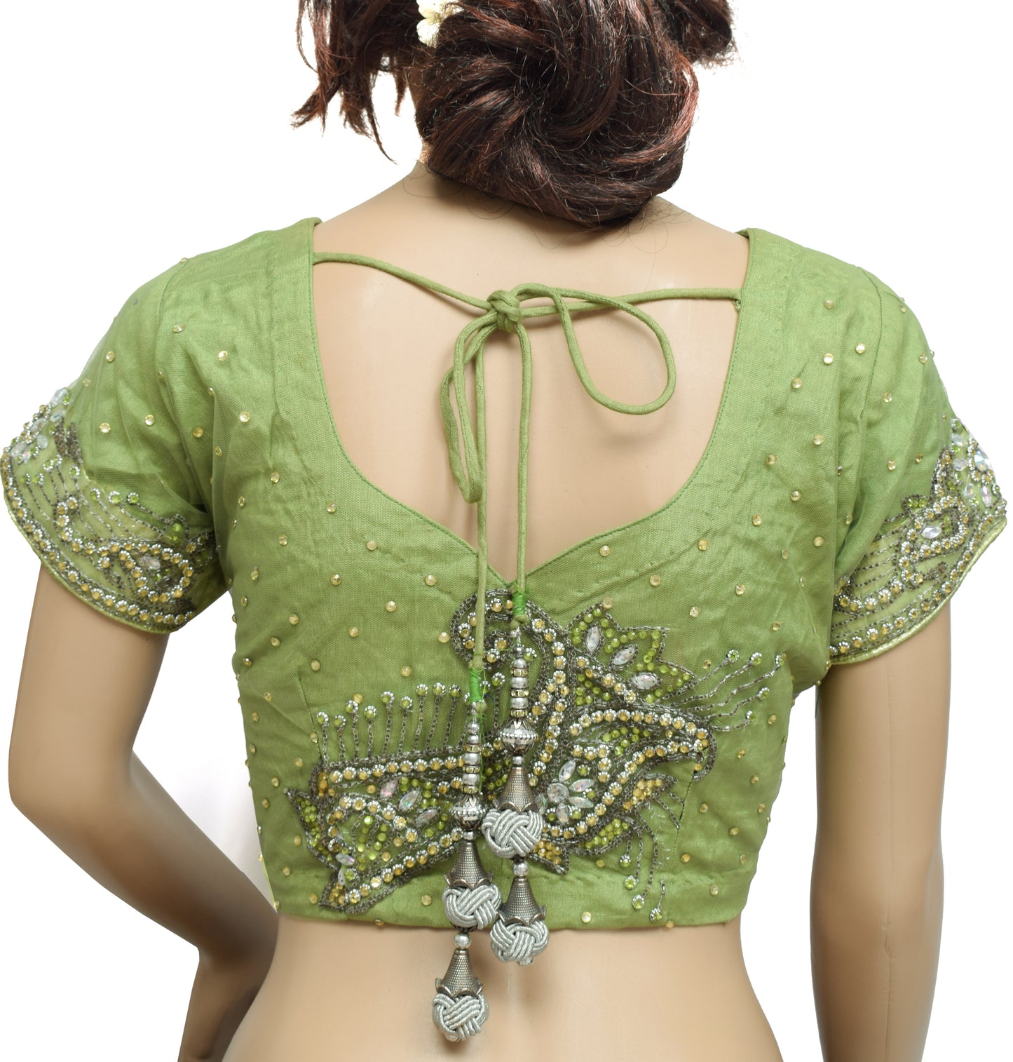 Sushila Vintage Green Readymade 36" Sari Blouse Net Mesh Hand Beaded Choli