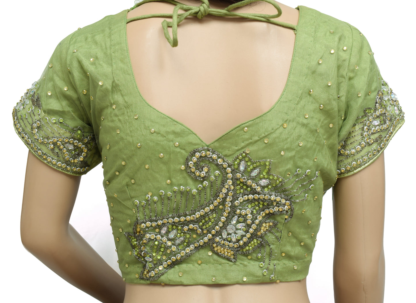 Sushila Vintage Green Readymade 36" Sari Blouse Net Mesh Hand Beaded Choli