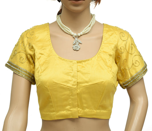 Sushila Vintage Yellow Readymade 38" Sari Blouse Net Mesh Hand Beaded Choli