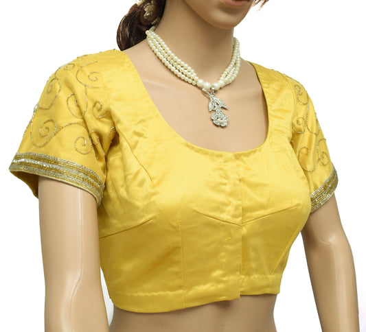 Sushila Vintage Yellow Readymade 38" Sari Blouse Net Mesh Hand Beaded Choli