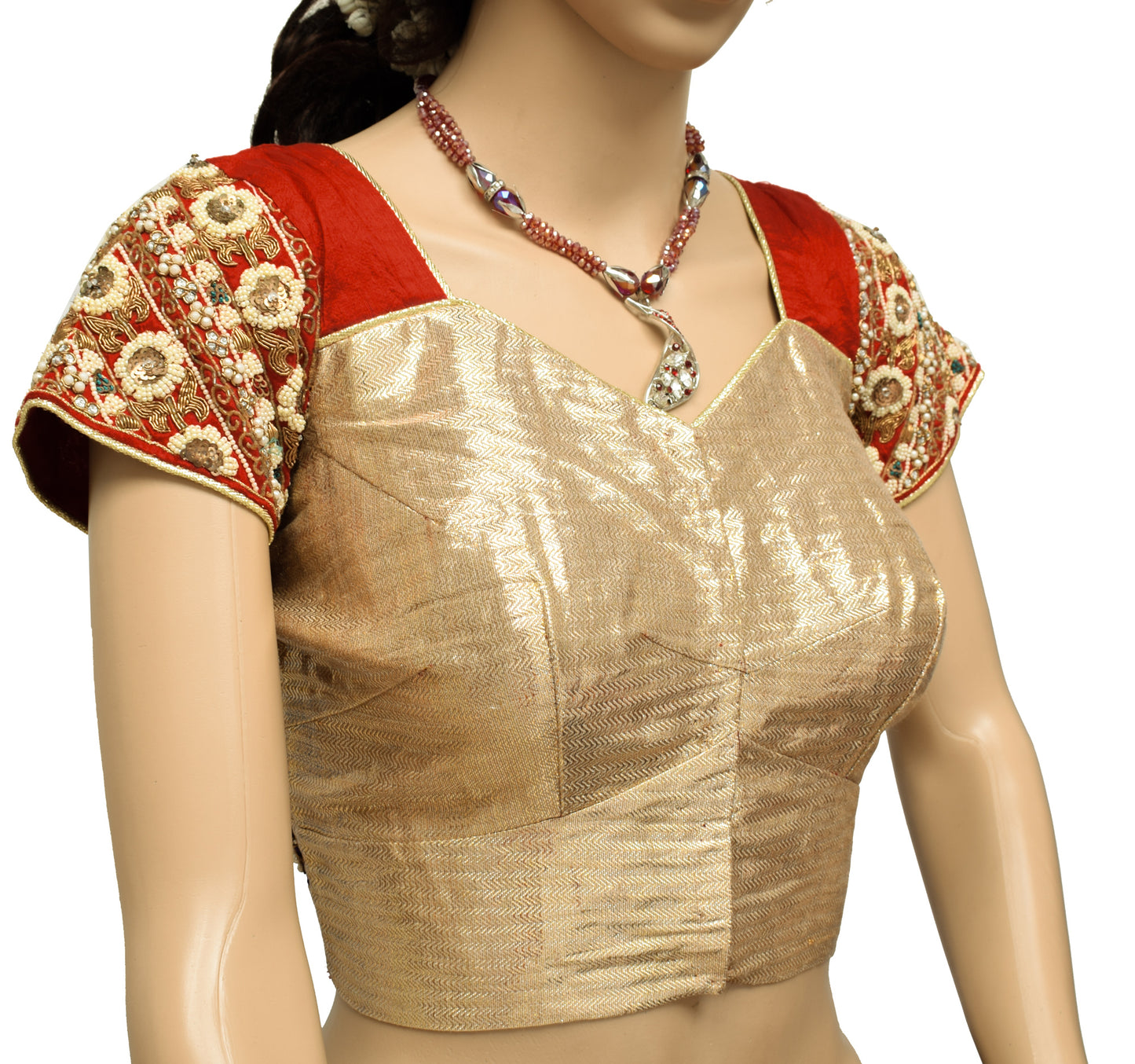 Sushila Vintage Red Golden Readymade 36" Sari Blouse Silk Hand Beaded Choli