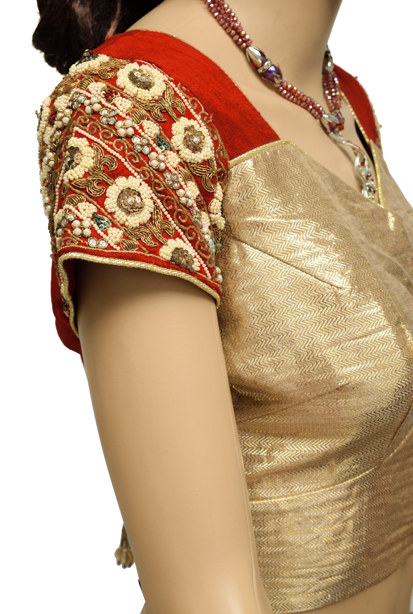 Sushila Vintage Red Golden Readymade 36" Sari Blouse Silk Hand Beaded Choli