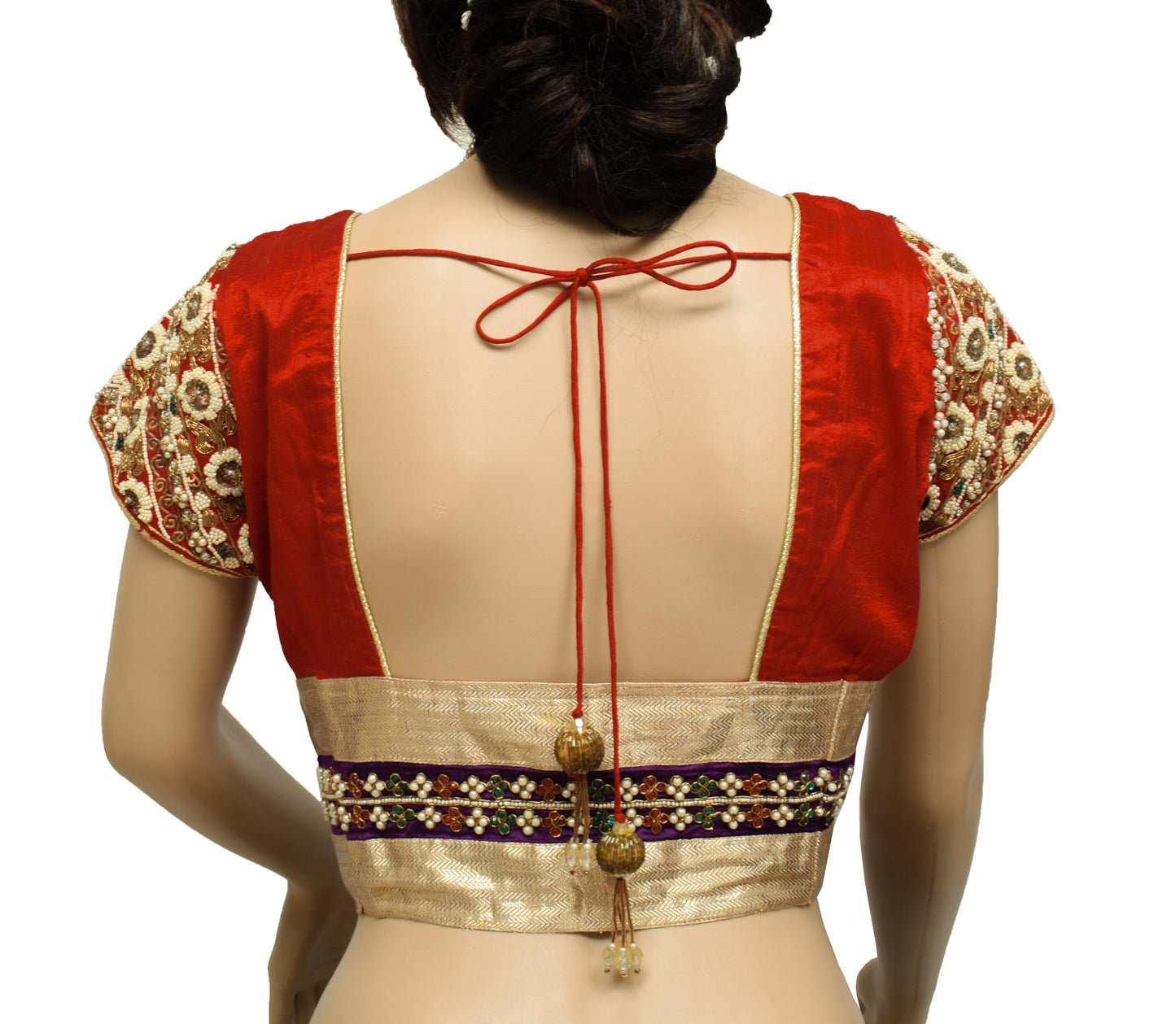 Sushila Vintage Red Golden Readymade 36" Sari Blouse Silk Hand Beaded Choli