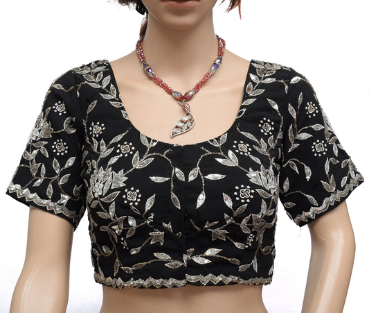 Sushila Vintage Readymade Black 32" Sari Blouse Georgette Hand Beaded Choli