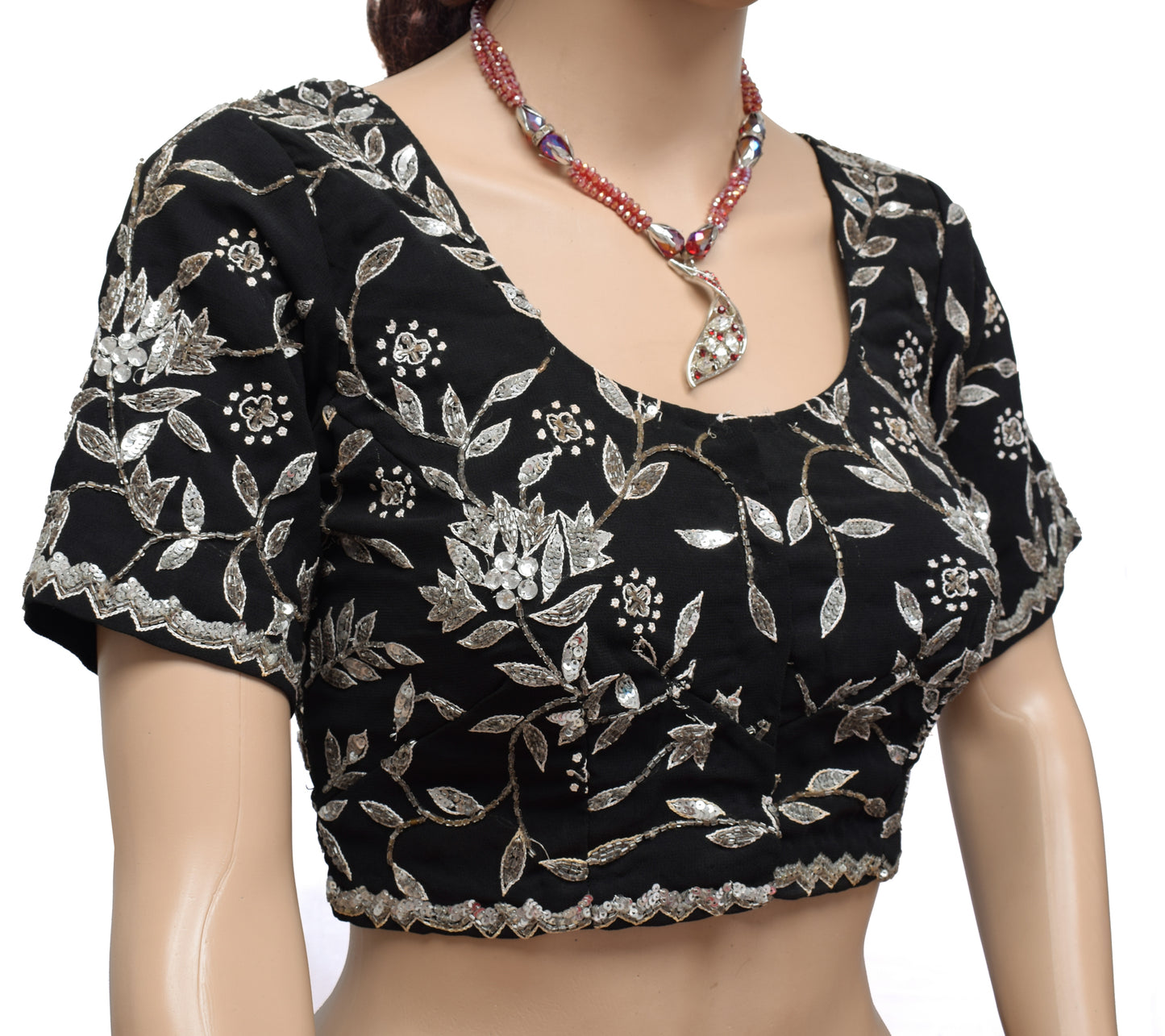 Sushila Vintage Readymade Black 32" Sari Blouse Georgette Hand Beaded Choli