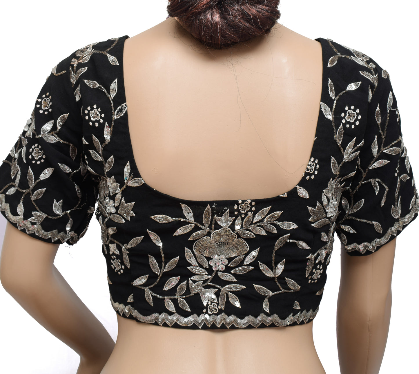 Sushila Vintage Readymade Black 32" Sari Blouse Georgette Hand Beaded Choli