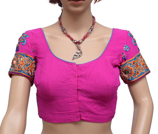 Sushila Vintage Pink Readymade 30" Sari Blouse Georgette Hand Beaded Choli