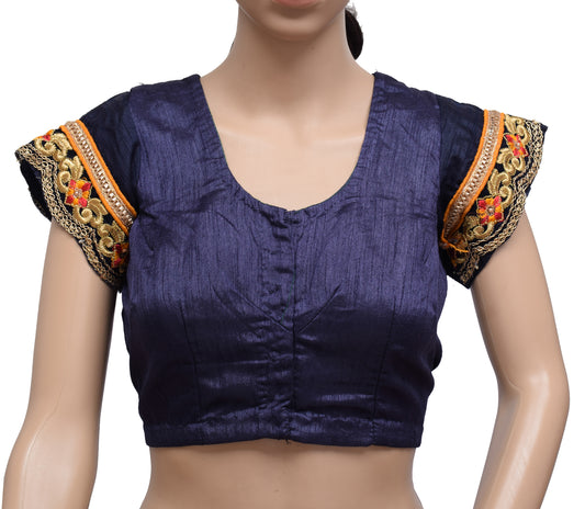 Sushila Vintage Blue Readymade 34" Sari Blouse Silk Embroidery Designer Top