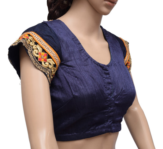 Sushila Vintage Blue Readymade 34" Sari Blouse Silk Embroidery Designer Top