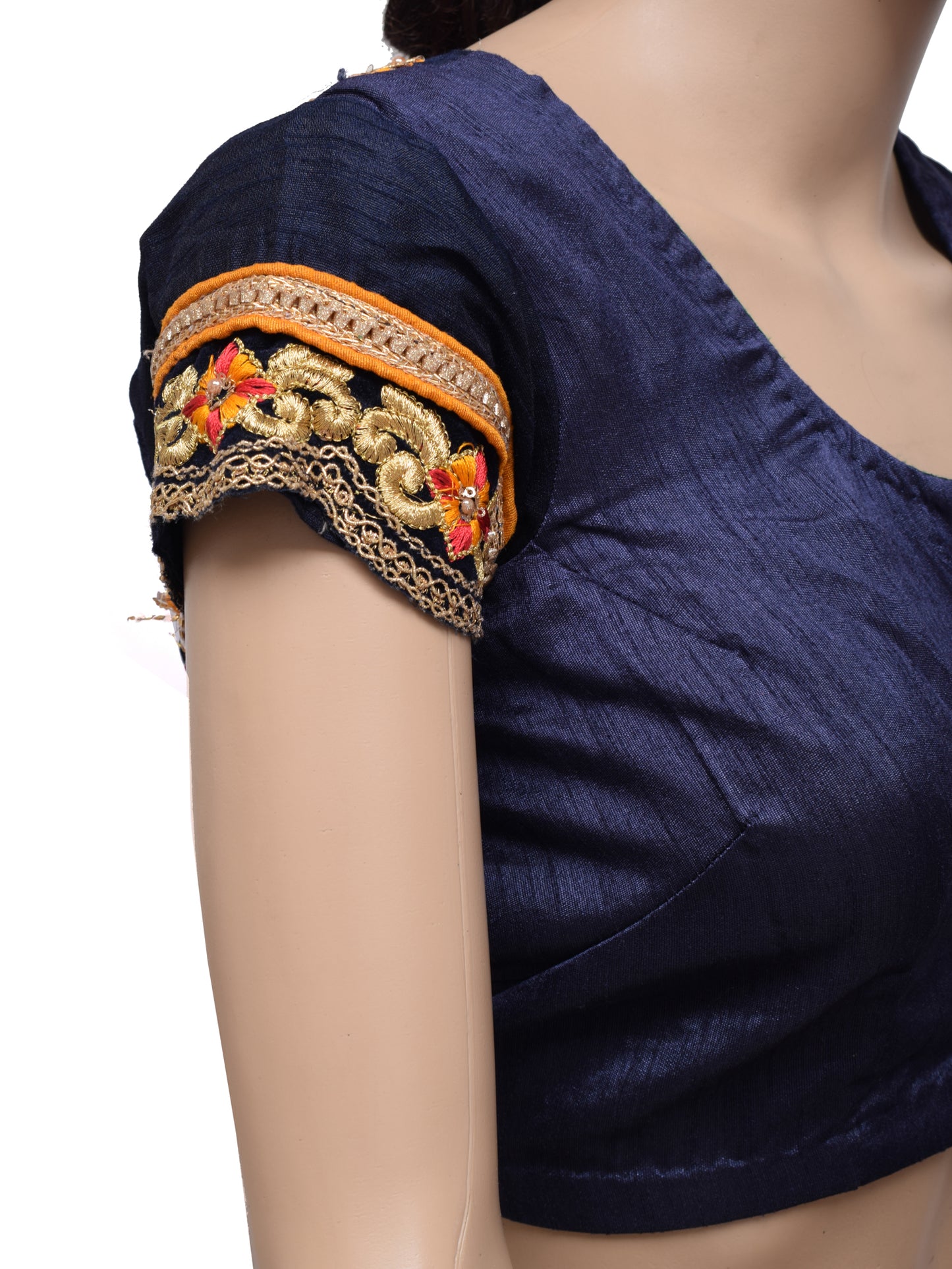 Sushila Vintage Blue Readymade 34" Sari Blouse Silk Embroidery Designer Top
