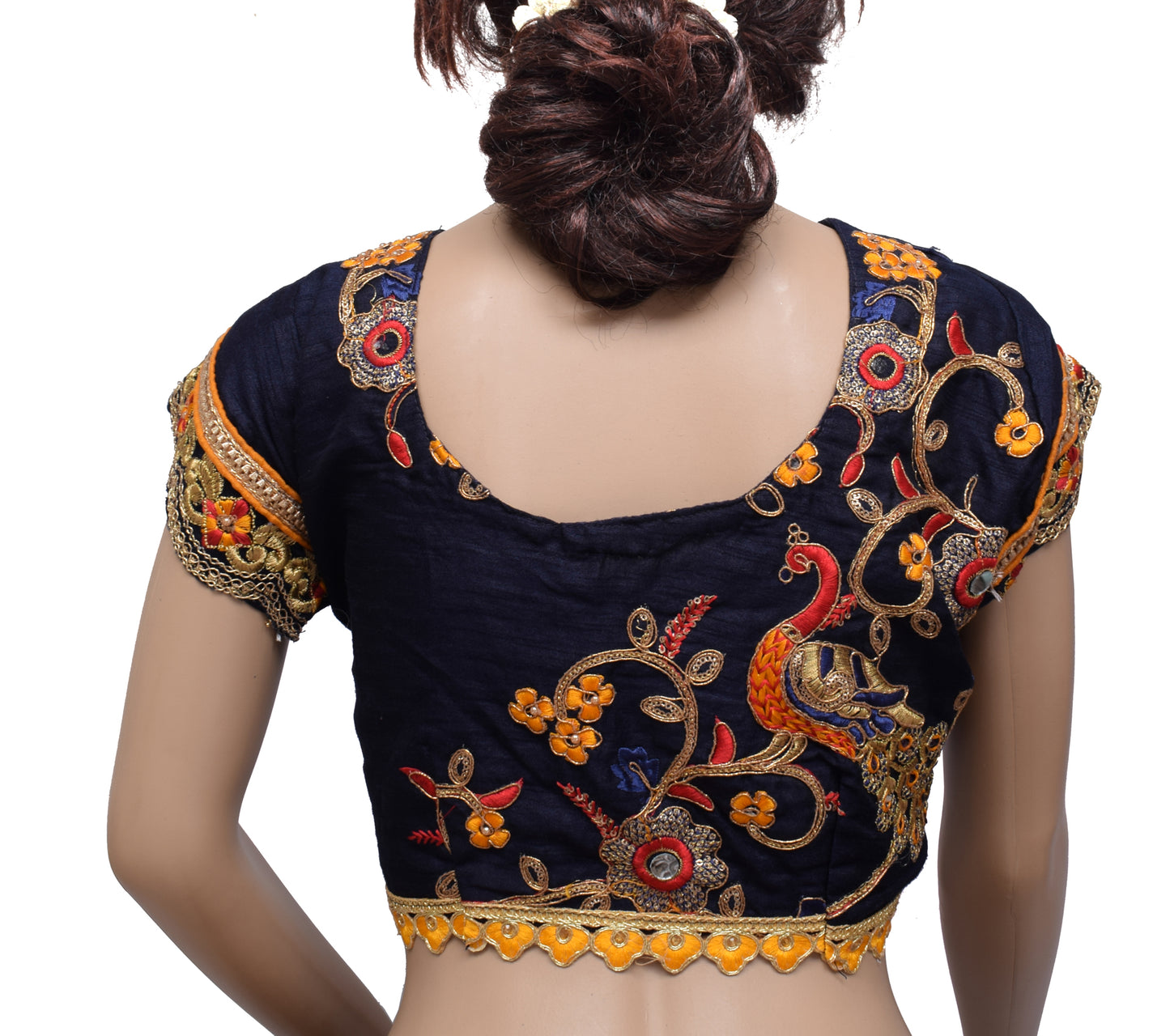 Sushila Vintage Blue Readymade 34" Sari Blouse Silk Embroidery Designer Top