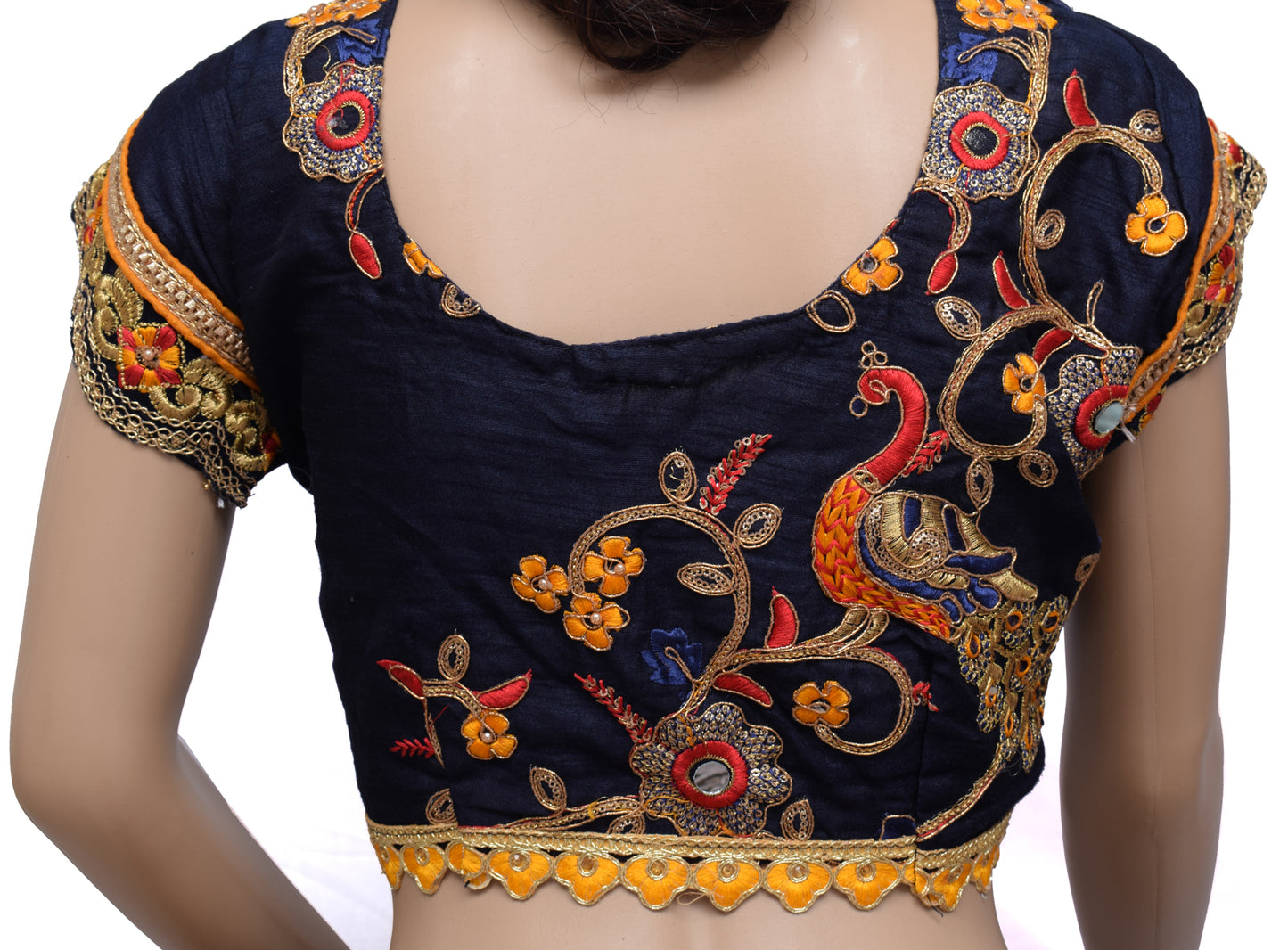 Sushila Vintage Blue Readymade 34" Sari Blouse Silk Embroidery Designer Top