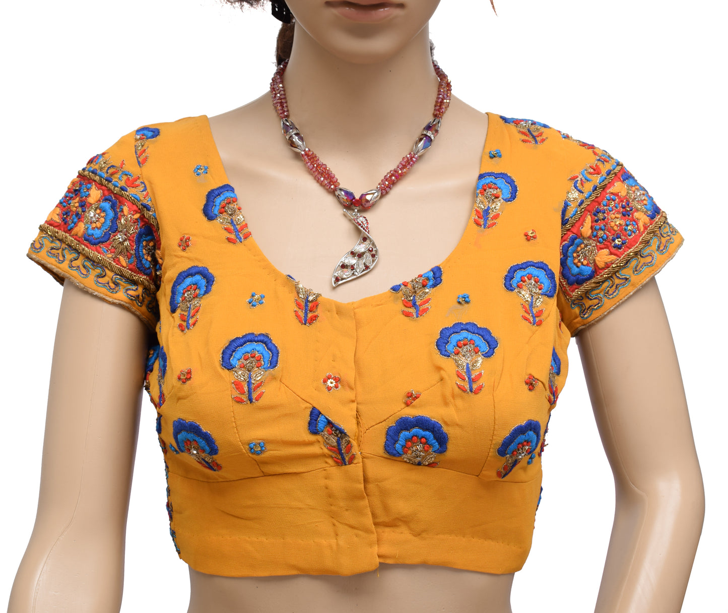 Sushila Vintage Mustard Readymade 32" Sari Blouse Silk Hand Beaded Choli