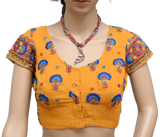 Sushila Vintage Mustard Readymade 32" Sari Blouse Silk Hand Beaded Choli