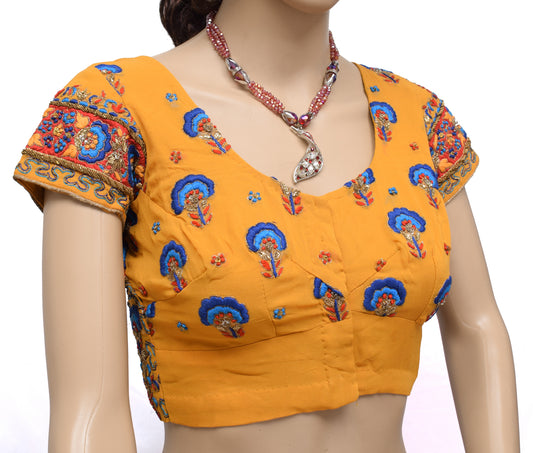 Sushila Vintage Mustard Readymade 32" Sari Blouse Silk Hand Beaded Choli