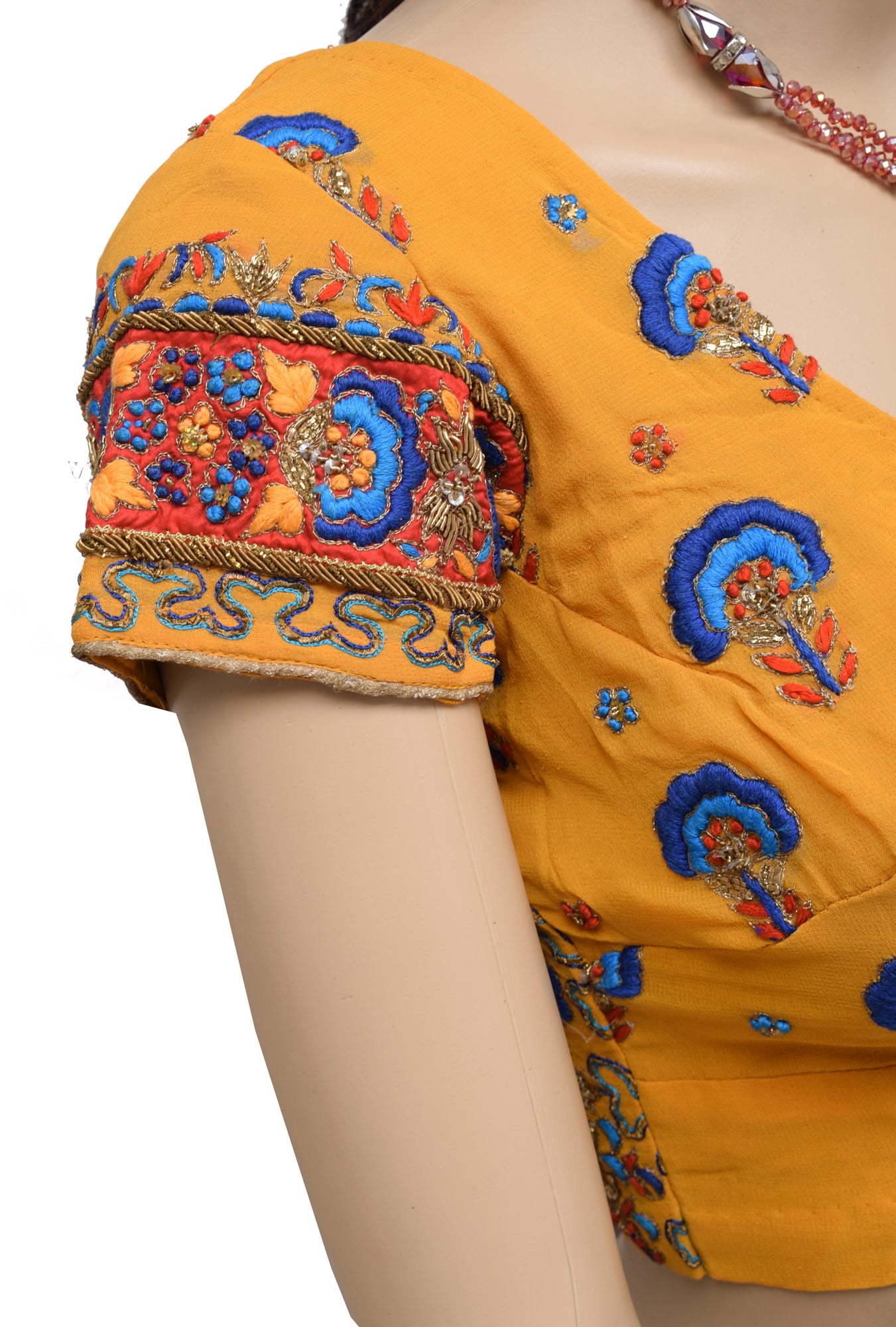 Sushila Vintage Mustard Readymade 32" Sari Blouse Silk Hand Beaded Choli