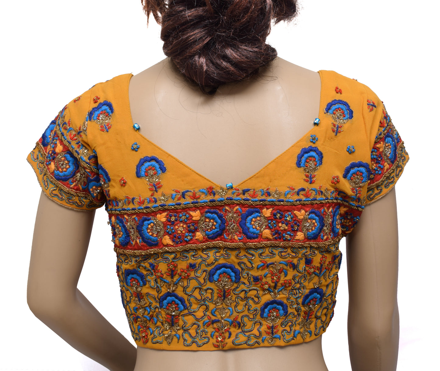 Sushila Vintage Mustard Readymade 32" Sari Blouse Silk Hand Beaded Choli
