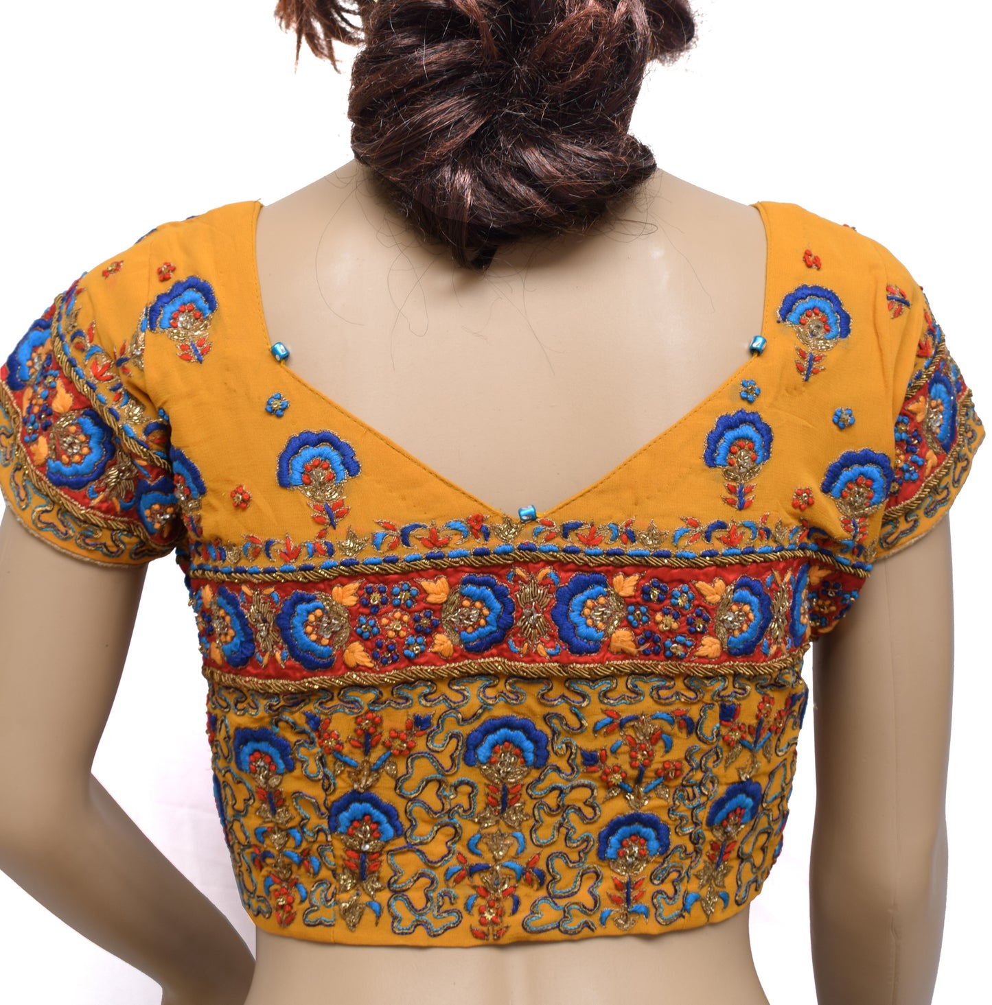 Sushila Vintage Mustard Readymade 32" Sari Blouse Silk Hand Beaded Choli