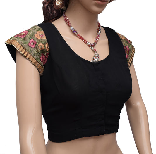 Sushila Vintage 38" Stitched Sari Blouse Georgette Black Designer Choli