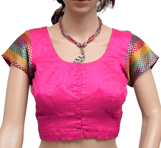 Sushila Vintage 30" Pink Stitched Sari Blouse Silk Patch Work Designer Top