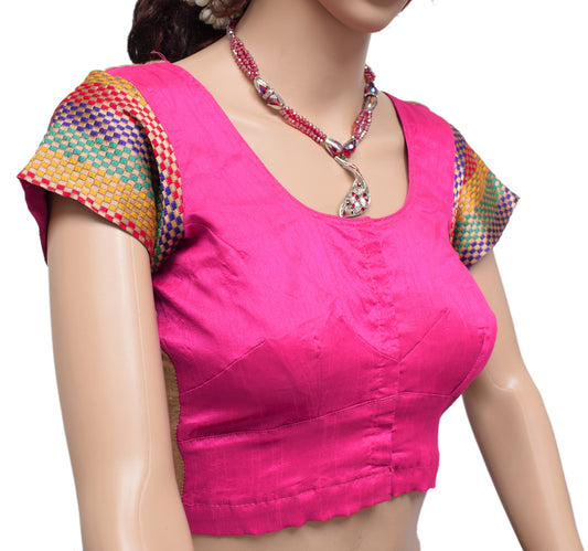 Sushila Vintage 30" Pink Stitched Sari Blouse Silk Patch Work Designer Top