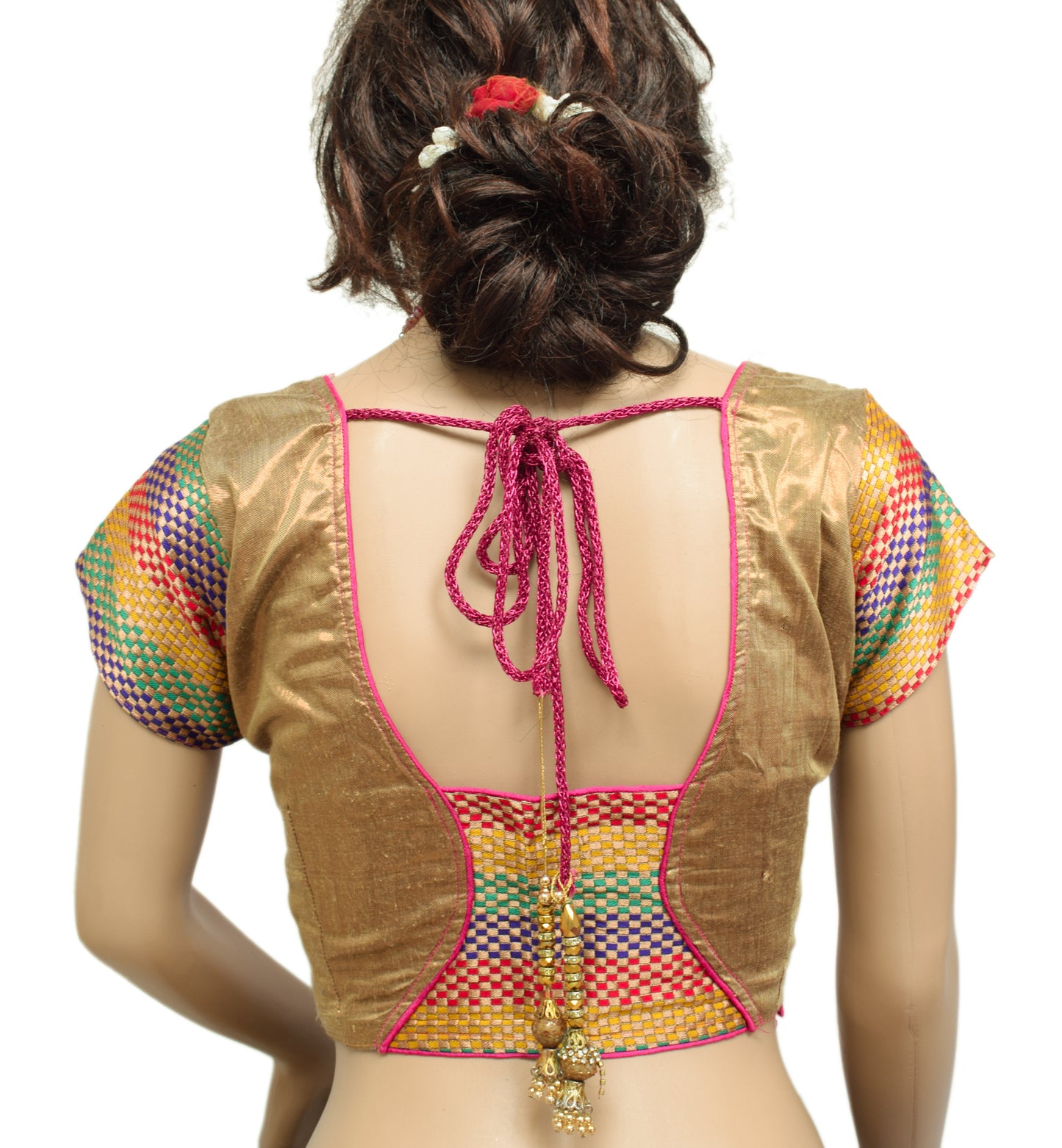 Sushila Vintage 30" Pink Stitched Sari Blouse Silk Patch Work Designer Top